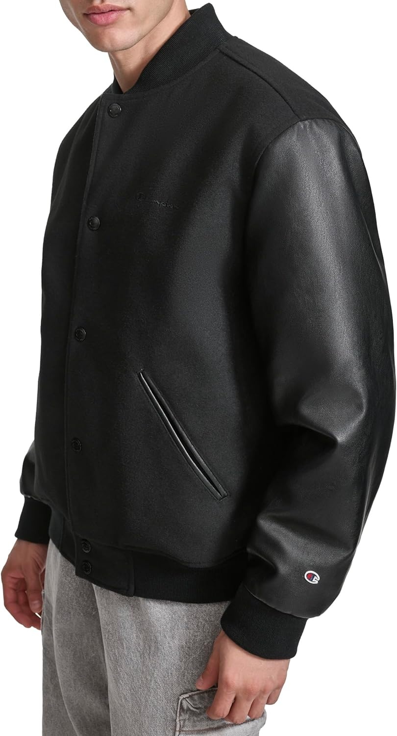 image:imageChampion Mens Letterman Varsity Bomber Jacket With Faux Leather SleevesBlack