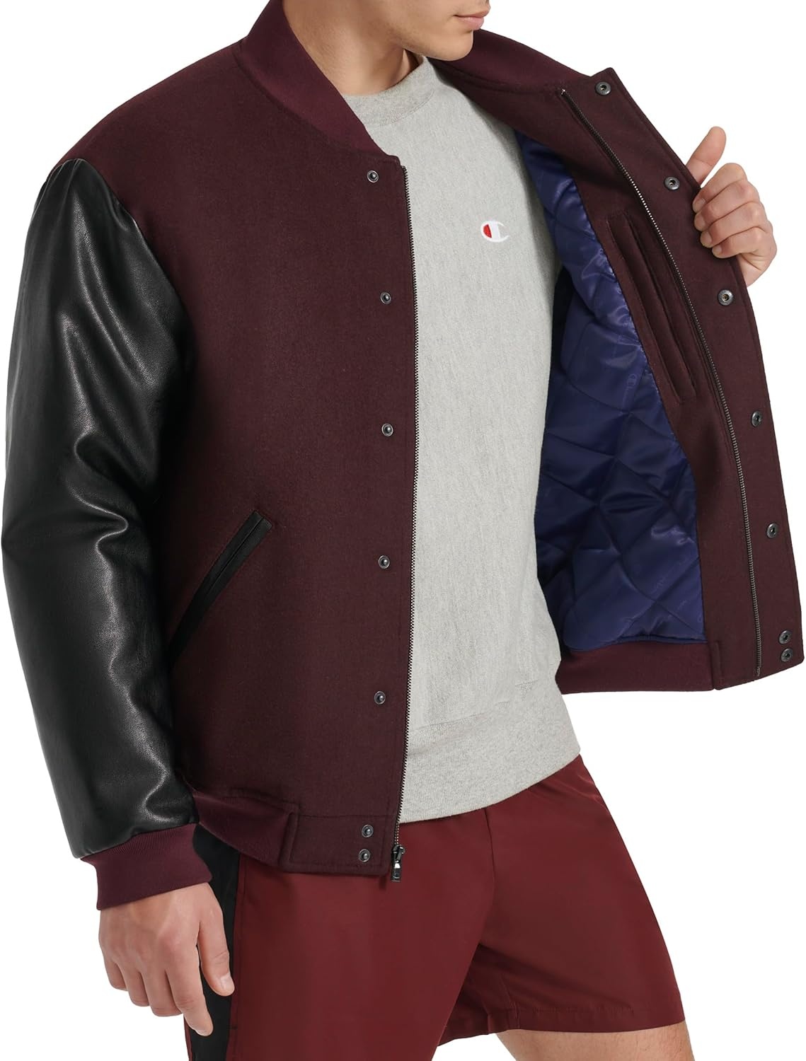 image:imageChampion Mens Letterman Varsity Bomber Jacket With Faux Leather SleevesBurgundyBlack
