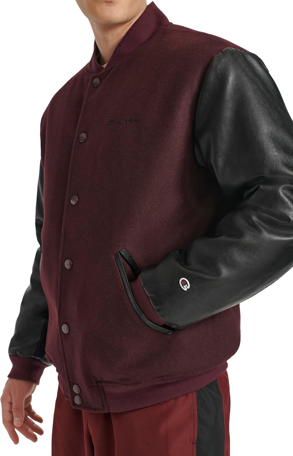 image:imageChampion Mens Letterman Varsity Bomber Jacket With Faux Leather SleevesBurgundyBlack