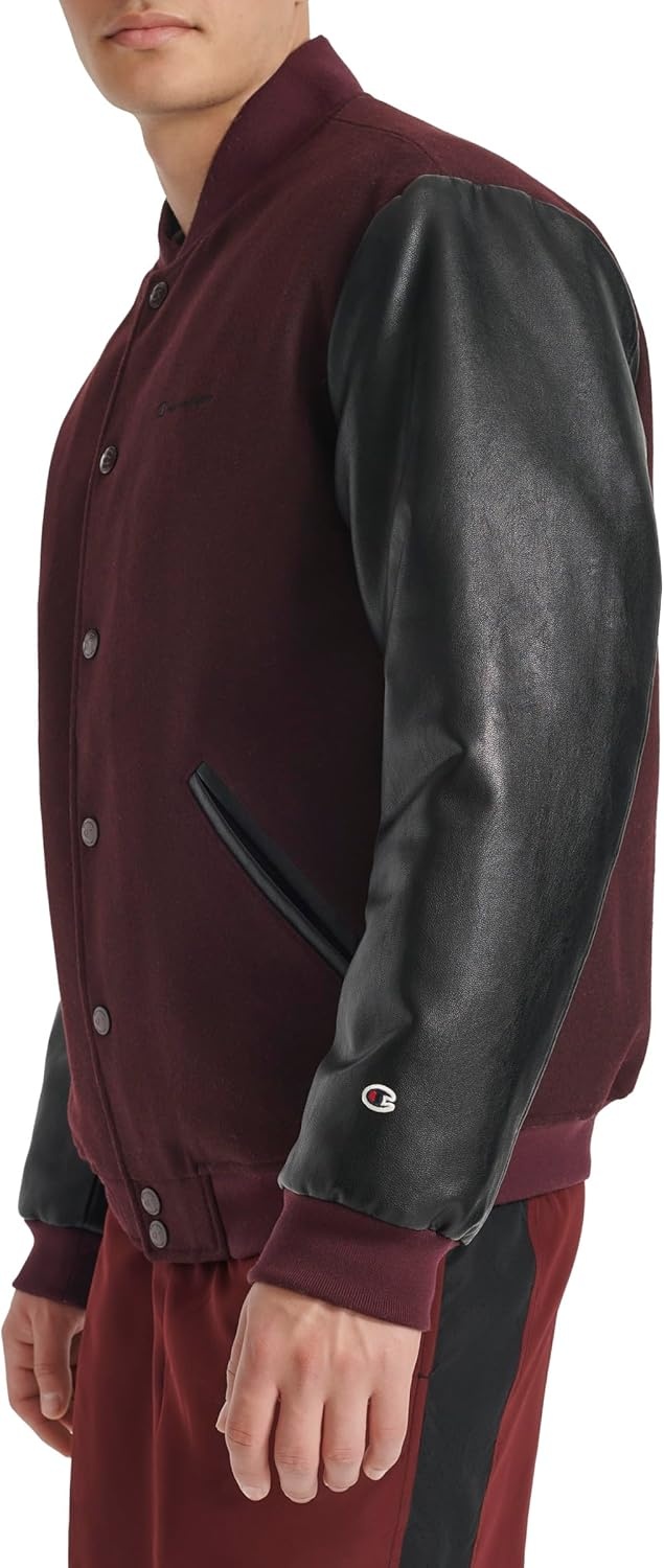 image:imageChampion Mens Letterman Varsity Bomber Jacket With Faux Leather SleevesBurgundyBlack