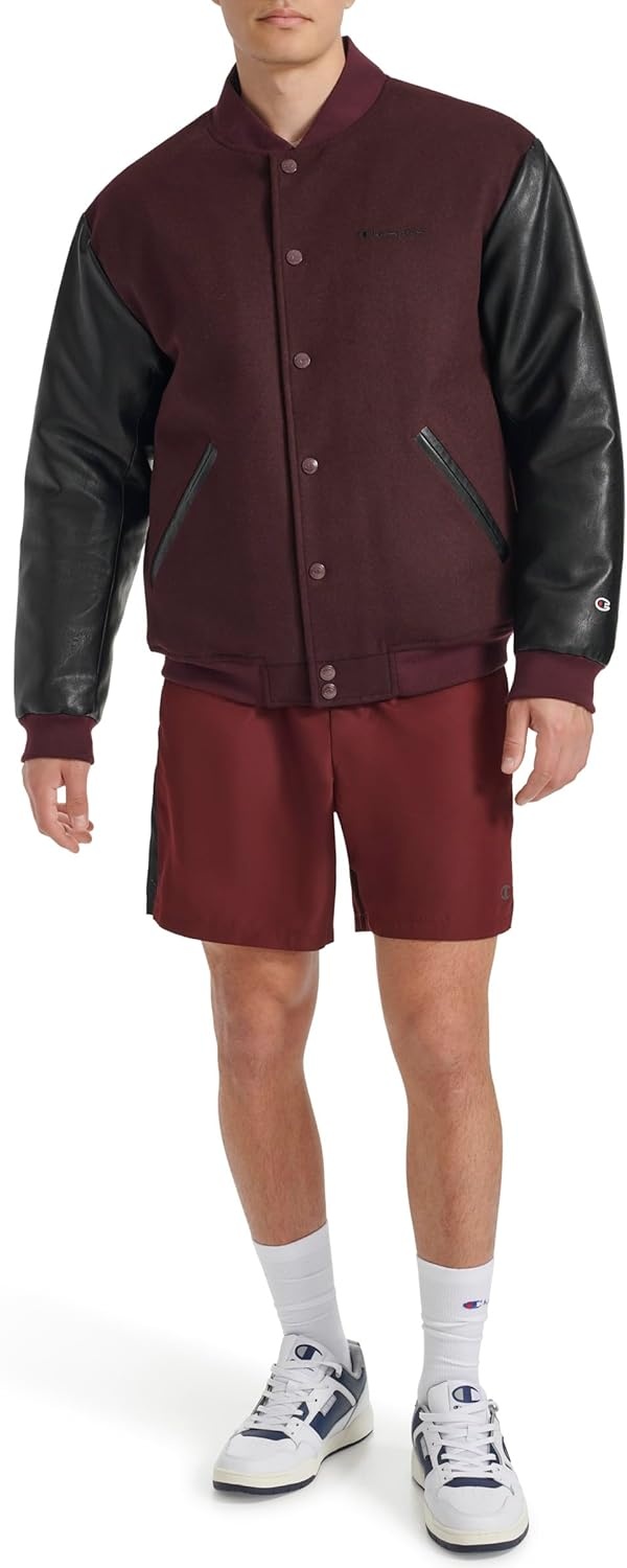 image:imageChampion Mens Letterman Varsity Bomber Jacket With Faux Leather SleevesBurgundyBlack
