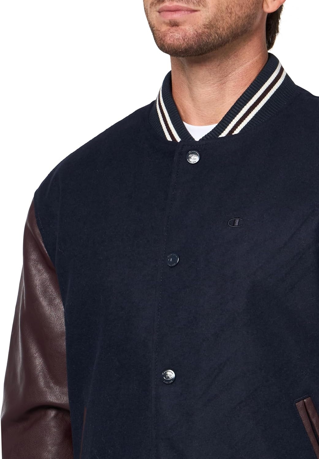 image:imageChampion Mens Letterman Varsity Bomber Jacket With Faux Leather SleevesNavy Burgundy