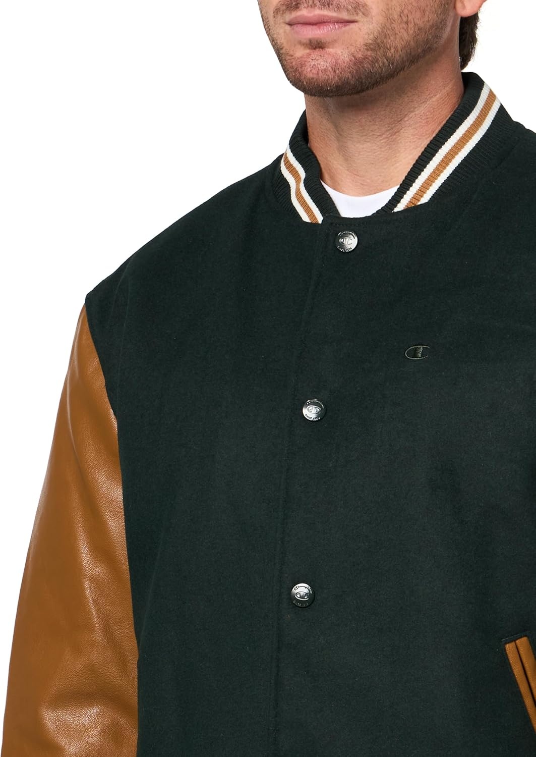 image:imageChampion Mens Letterman Varsity Bomber Jacket With Faux Leather SleevesRainforest Tobacco