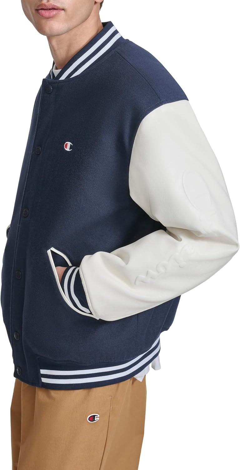 image:imageChampion Mens Letterman Varsity Bomber Jacket With Quilted Lining amp Embroidered SleevesNavyWhite