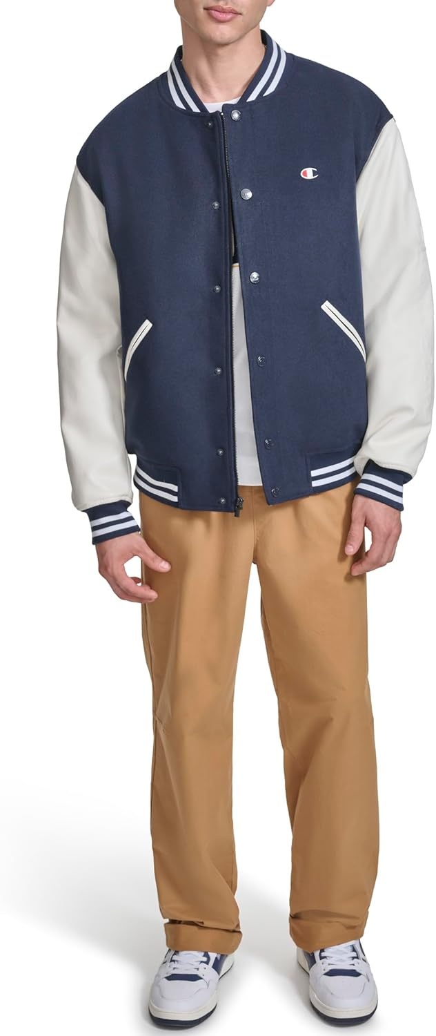 image:imageChampion Mens Letterman Varsity Bomber Jacket With Quilted Lining amp Embroidered SleevesNavyWhite