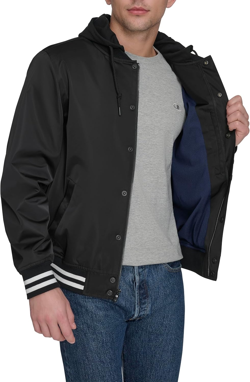 image:imageChampion Mens Lightweight Varsity Jacket With Jersey HoodBlack