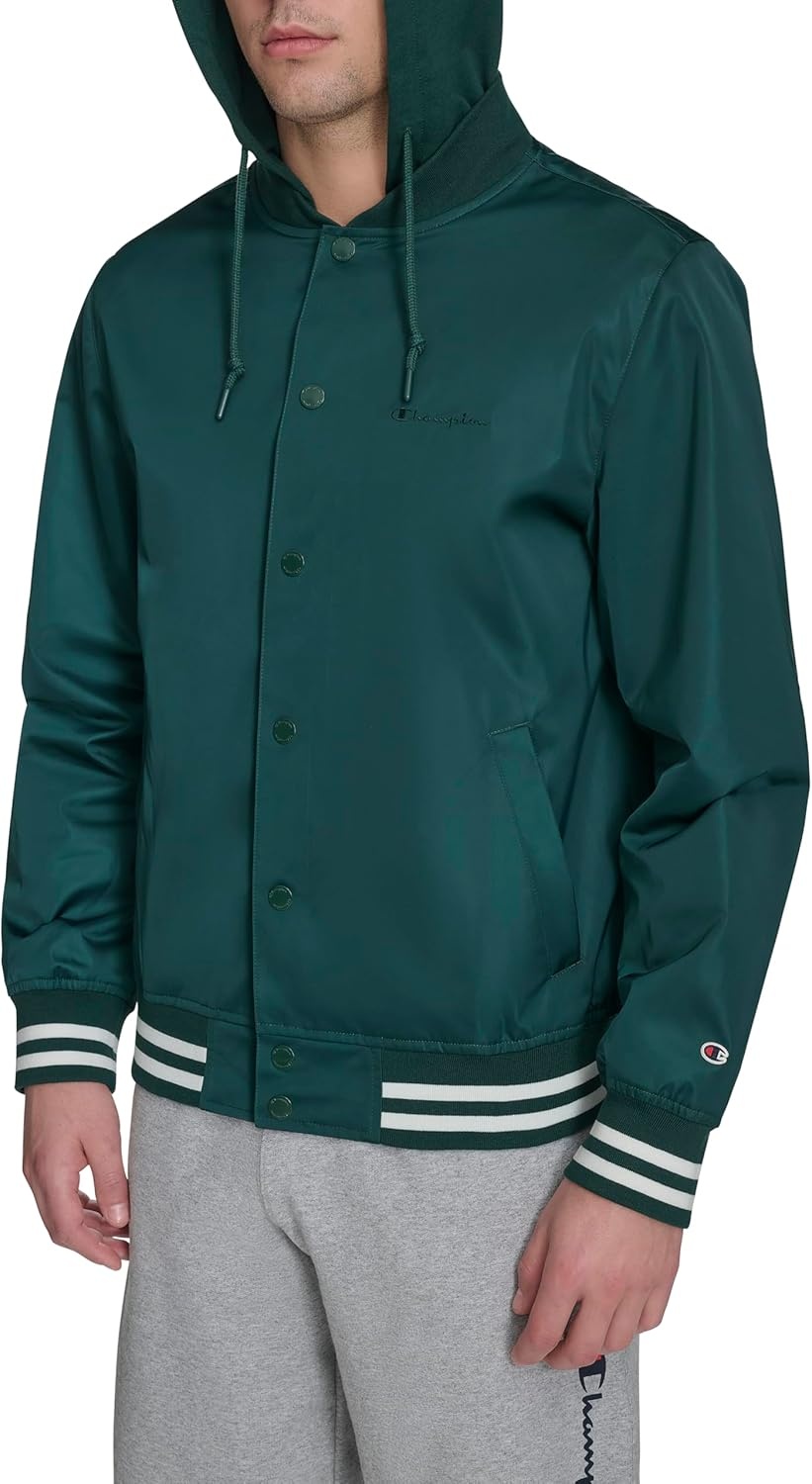 image:imageChampion Mens Lightweight Varsity Jacket With Jersey HoodRain Forest