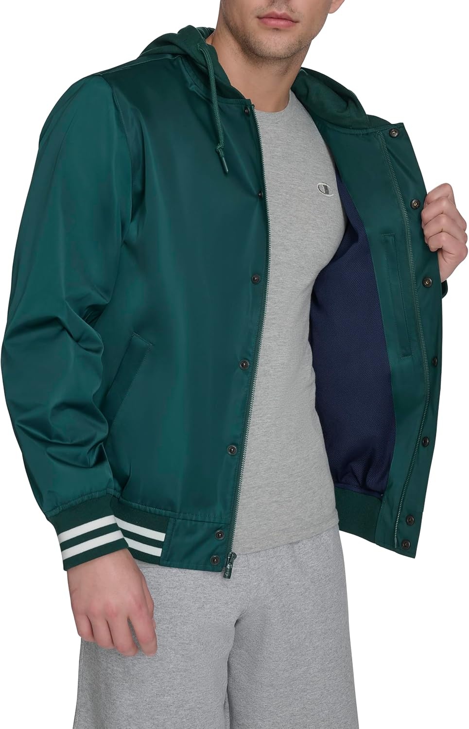 image:imageChampion Mens Lightweight Varsity Jacket With Jersey HoodRain Forest