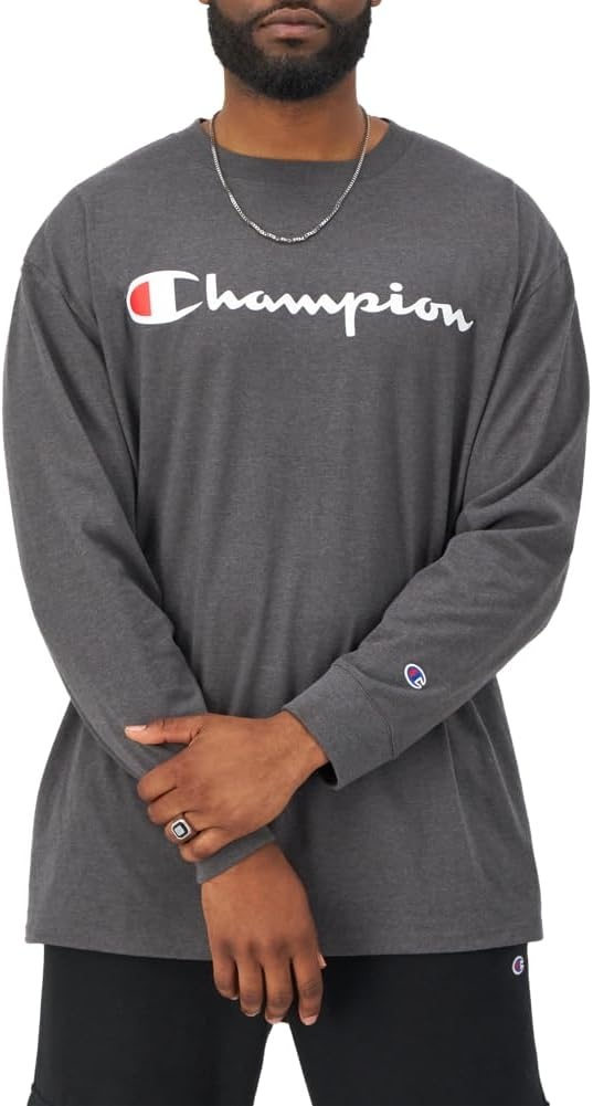 image:imageChampion Mens Long Sleeve Tshirt Classic Tshirt for Men Reg Or Big amp TallGranite Heather Classic Script Logo