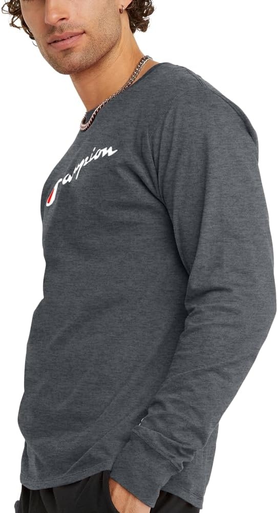 image:imageChampion Mens Long Sleeve Tshirt Classic Tshirt for Men Reg Or Big amp TallGranite Heather Classic Script Logo