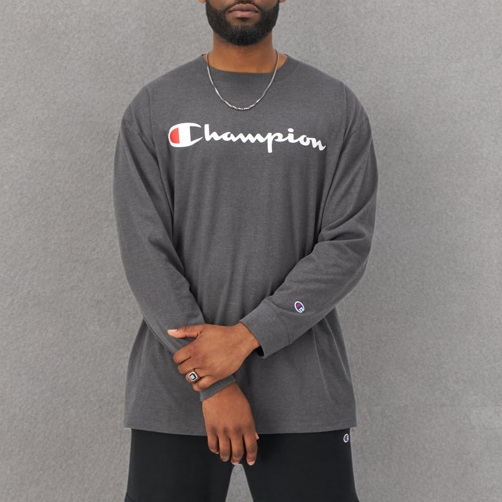 image:imageChampion Mens Long Sleeve Tshirt Classic Tshirt for Men Reg Or Big amp TallGranite Heather Classic Script Logo