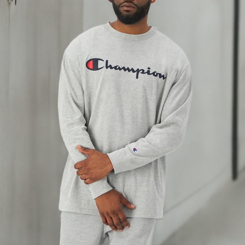image:imageChampion Mens Long Sleeve Tshirt Classic Tshirt for Men Reg Or Big amp TallOxford Gray Classic Script Logo