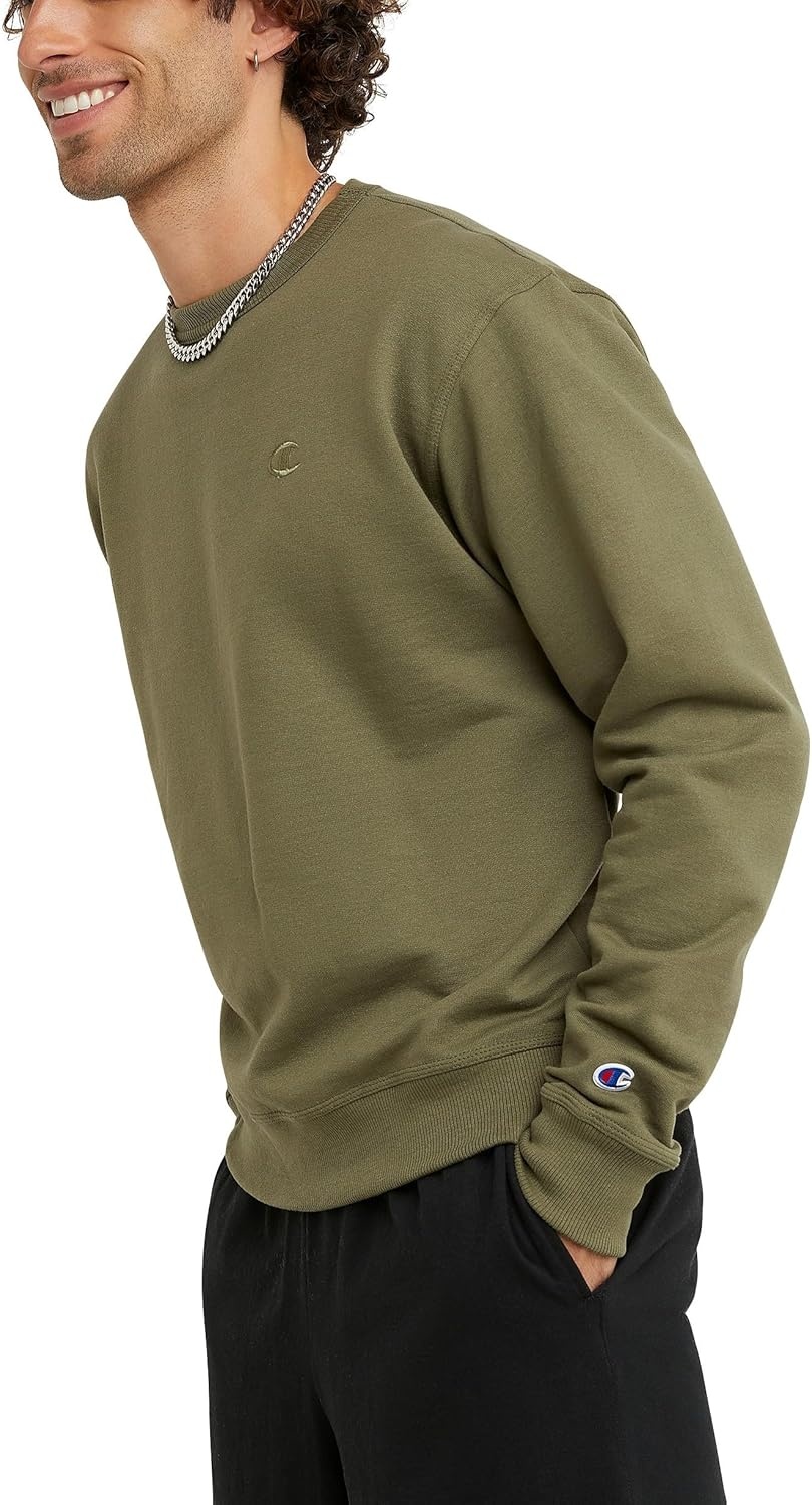 image:imageChampion Mens Mens Crewneck Fleece Sweatshirt Standard Fit Midweight C Logo Available in Regular and Big amp TallCargo Olive C Logo