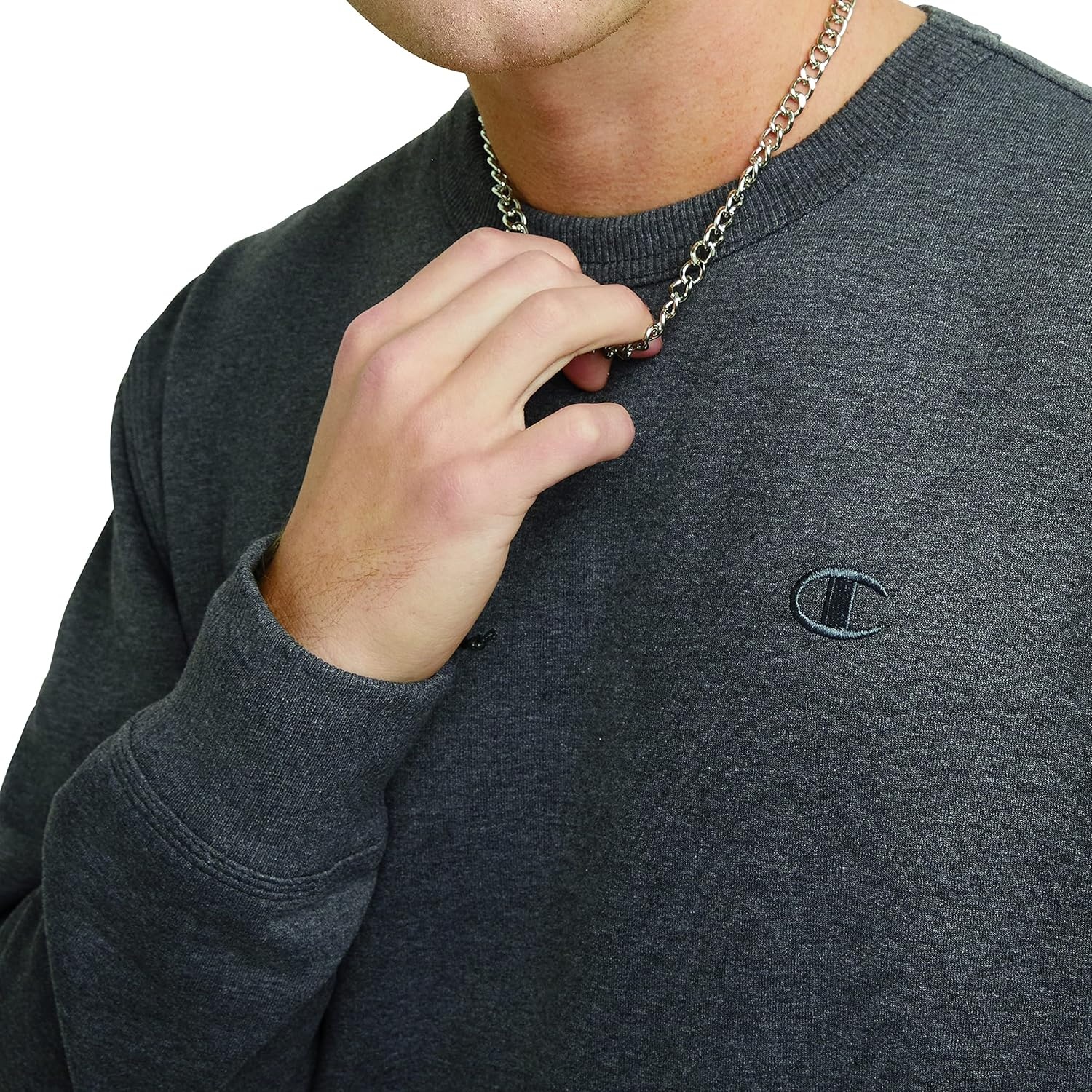 image:imageChampion Mens Mens Crewneck Fleece Sweatshirt Standard Fit Midweight C Logo Available in Regular and Big amp TallGranite Heather C Logo