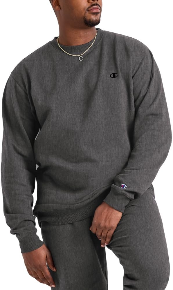 image:imageChampion Mens Mens Crewneck Fleece Sweatshirt Standard Fit Midweight C Logo Available in Regular and Big amp TallGranite Heather C Logo