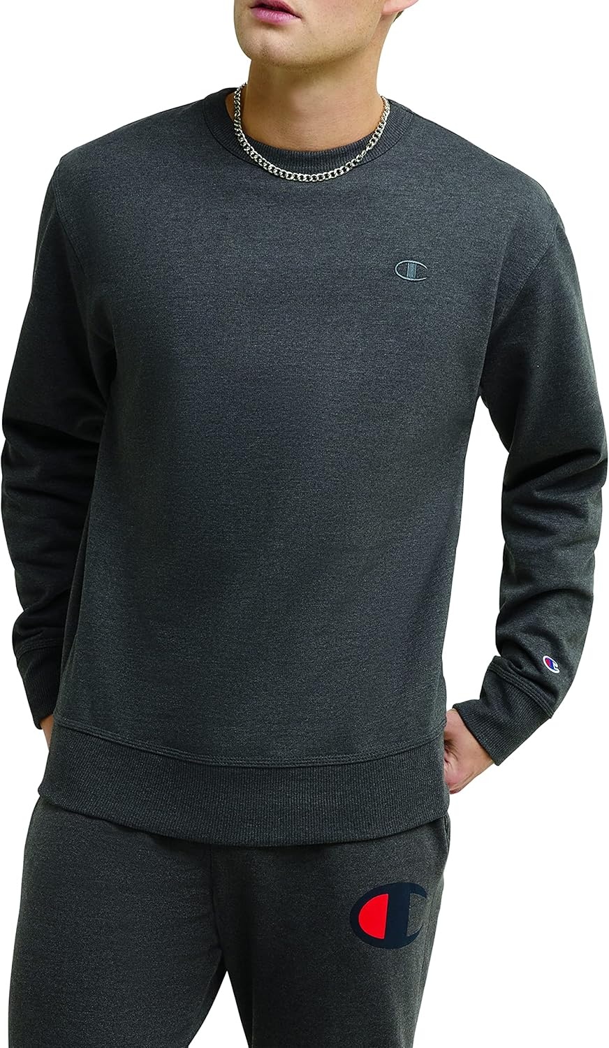 image:imageChampion Mens Mens Crewneck Fleece Sweatshirt Standard Fit Midweight C Logo Available in Regular and Big amp TallGranite Heather C Logo