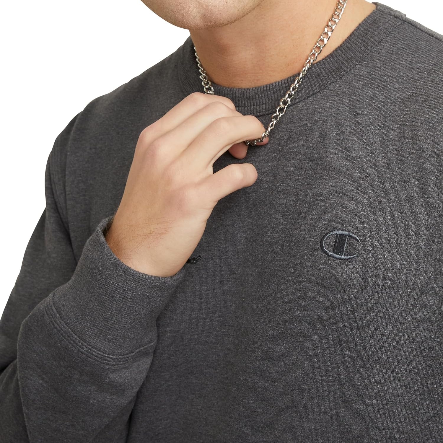 image:imageChampion Mens Mens Crewneck Fleece Sweatshirt Standard Fit Midweight C Logo Available in Regular and Big amp TallGranite Heather C Logo