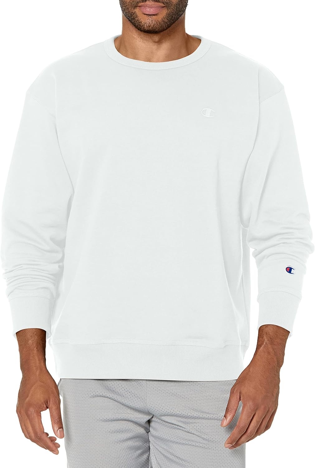 image:imageChampion Mens Mens Crewneck Fleece Sweatshirt Standard Fit Midweight C Logo Available in Regular and Big amp TallWhite C Logo