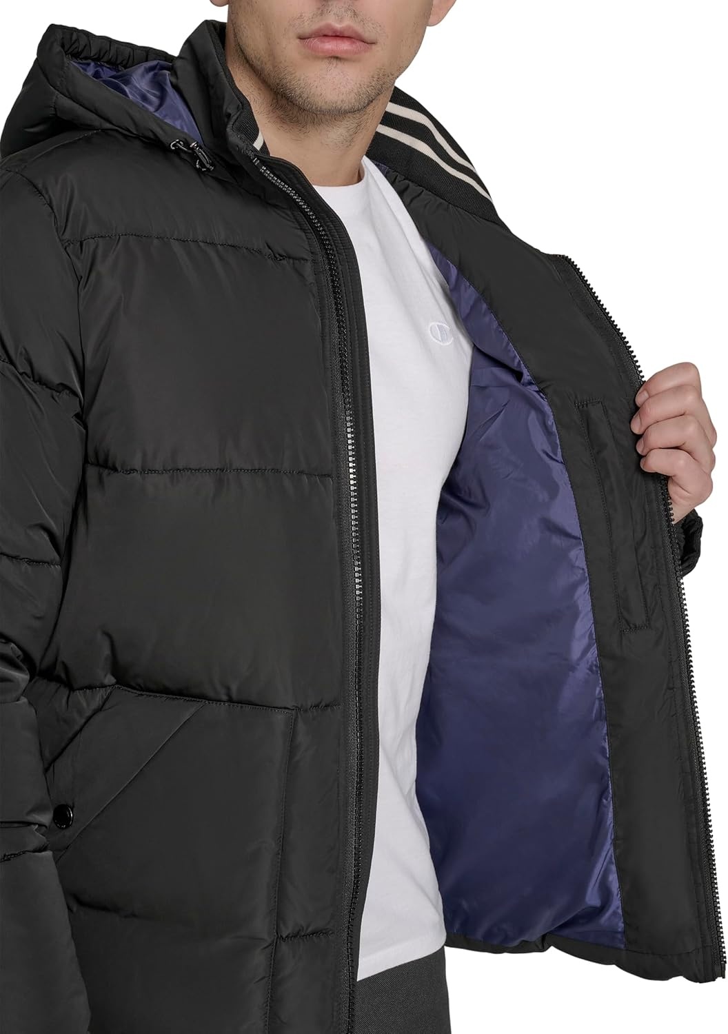 image:imageChampion Mens Quilted Fullzip Hooded Puffer JacketBlack Patch Pocket