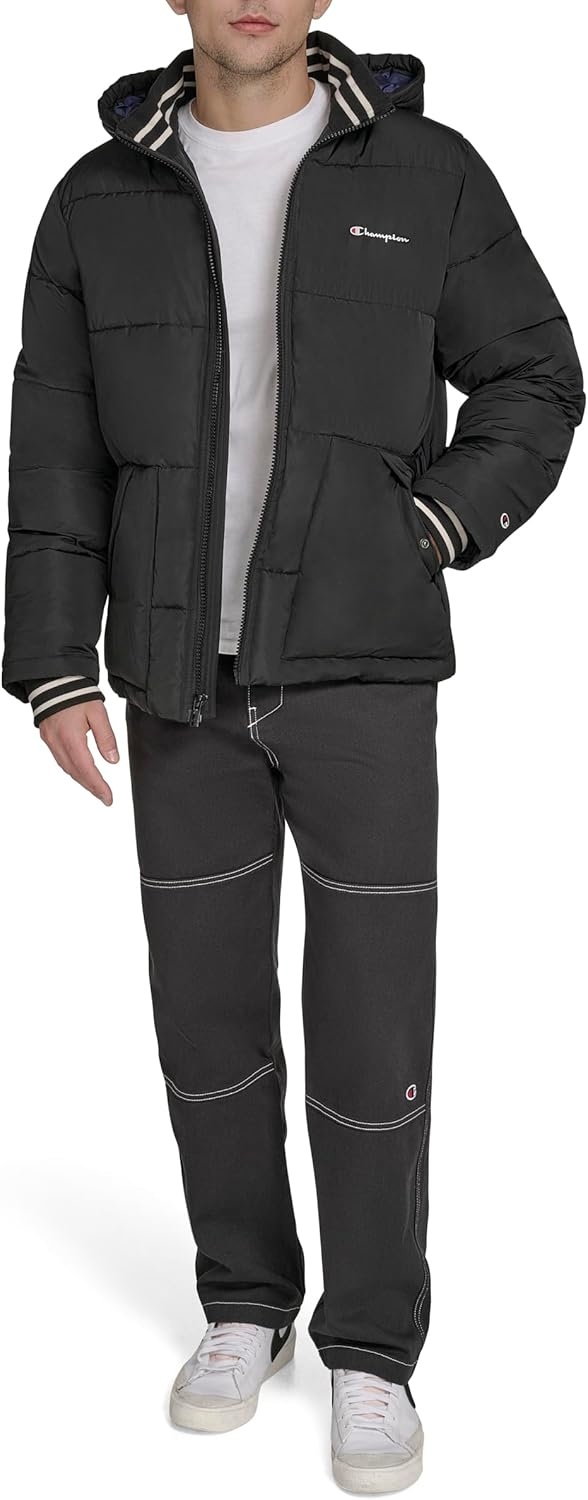 image:imageChampion Mens Quilted Fullzip Hooded Puffer JacketBlack Patch Pocket