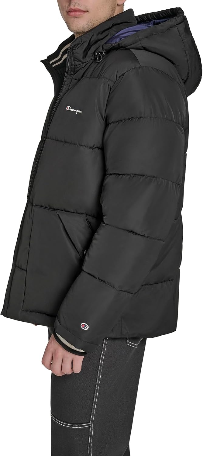 image:imageChampion Mens Quilted Fullzip Hooded Puffer JacketBlack Patch Pocket