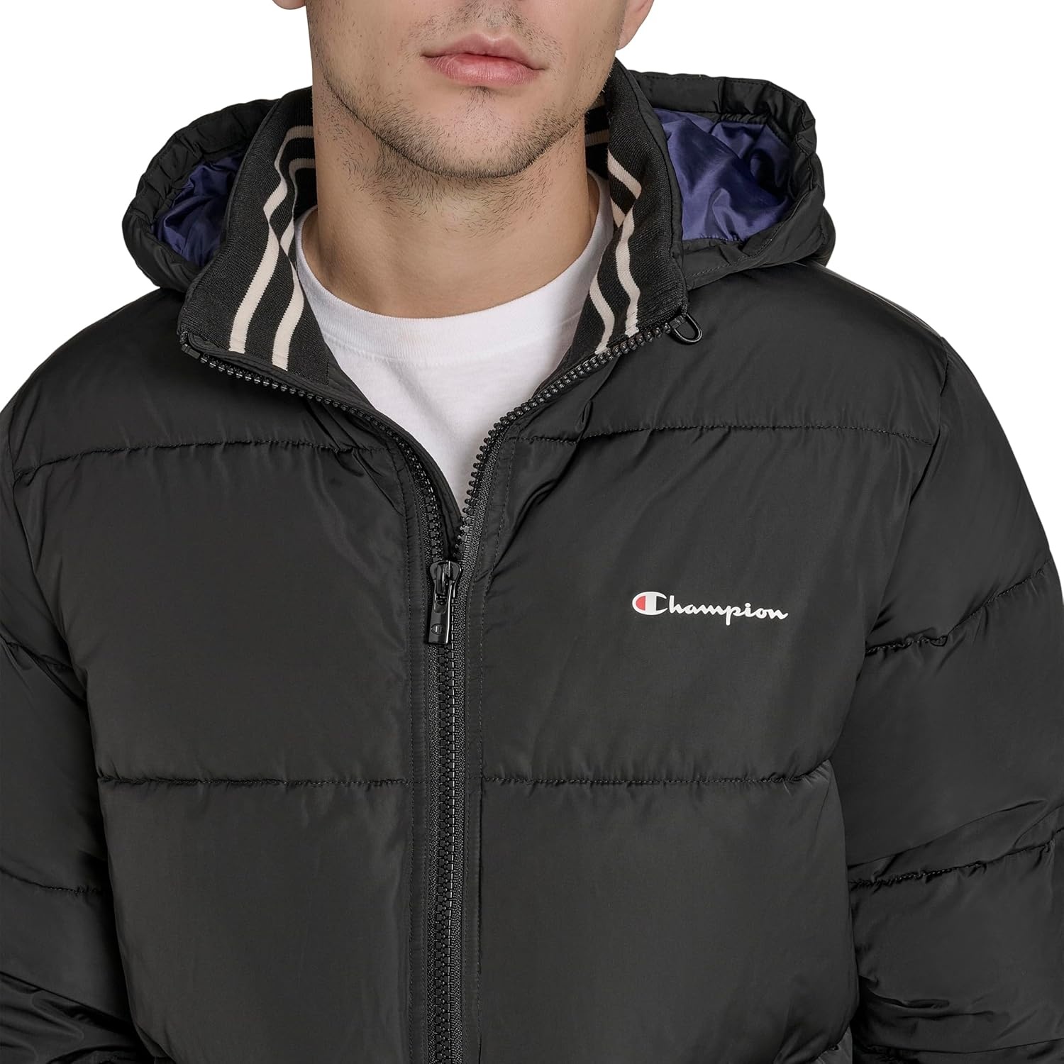 image:imageChampion Mens Quilted Fullzip Hooded Puffer JacketBlack Patch Pocket