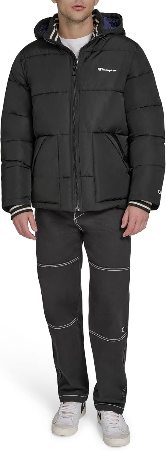 image:imageChampion Mens Quilted Fullzip Hooded Puffer JacketBlack Patch Pocket
