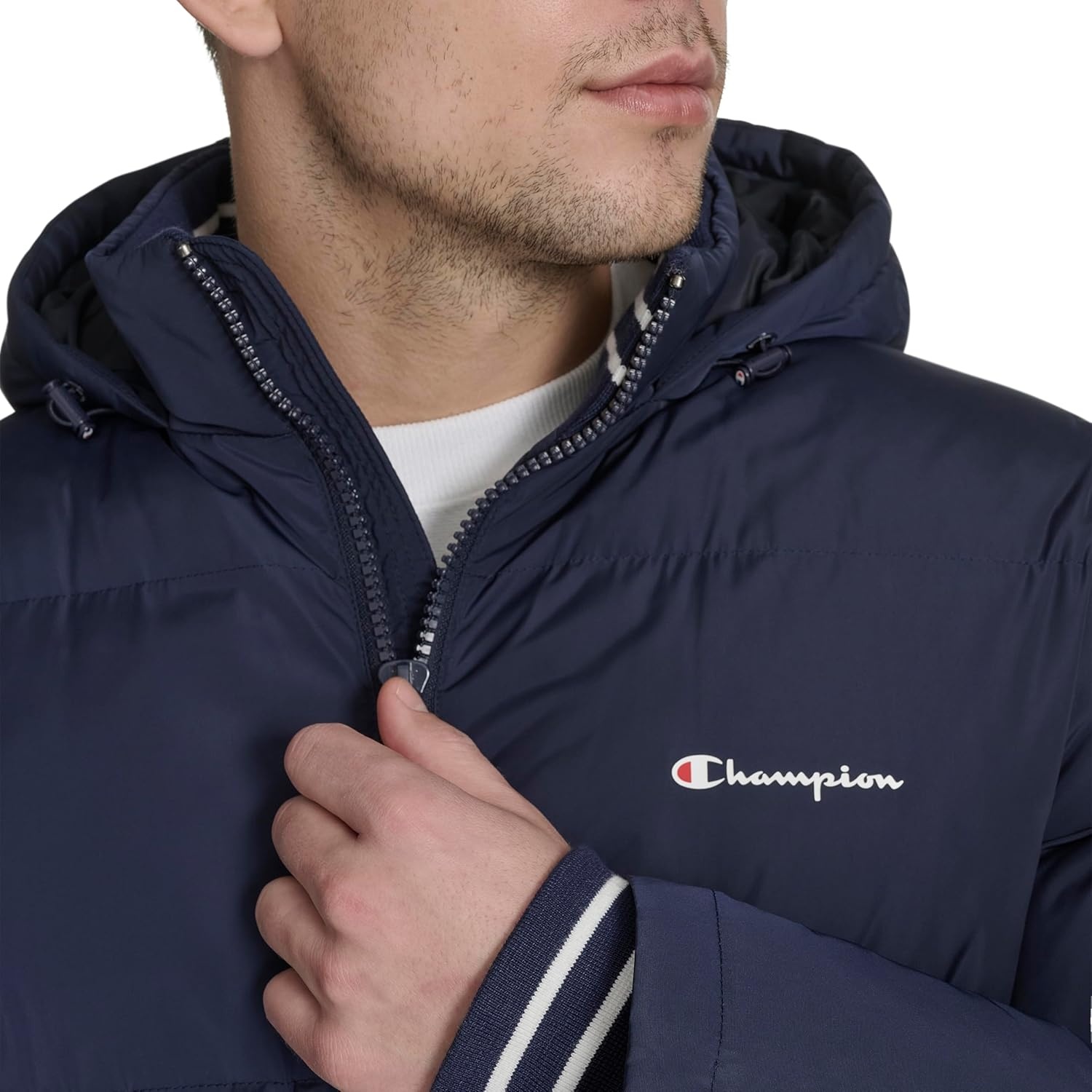 image:imageChampion Mens Quilted Fullzip Hooded Puffer JacketPeacoat Patch Pocket