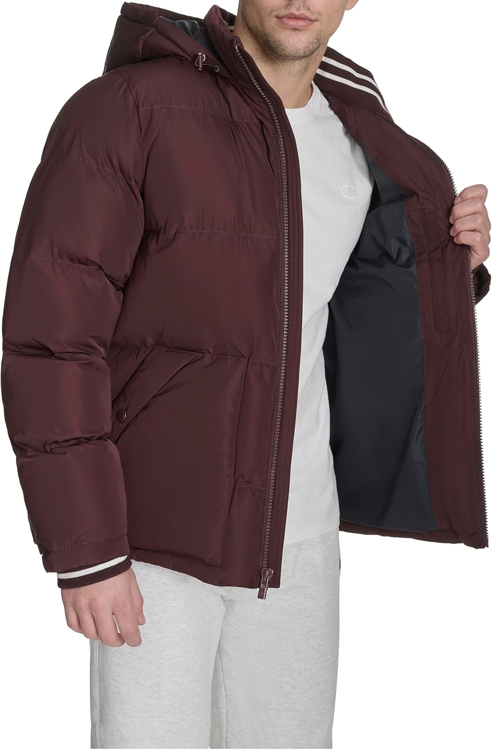image:imageChampion Mens Quilted Fullzip Hooded Puffer JacketWine Patch Pocket