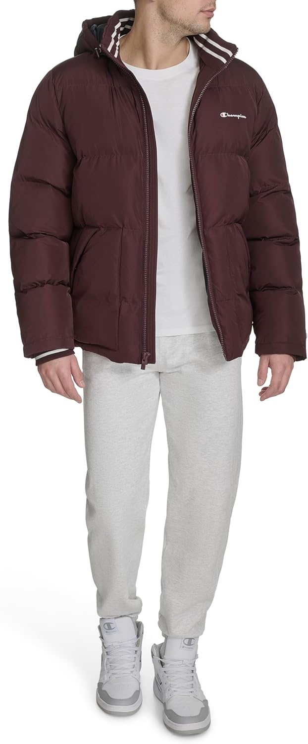 image:imageChampion Mens Quilted Fullzip Hooded Puffer JacketWine Patch Pocket