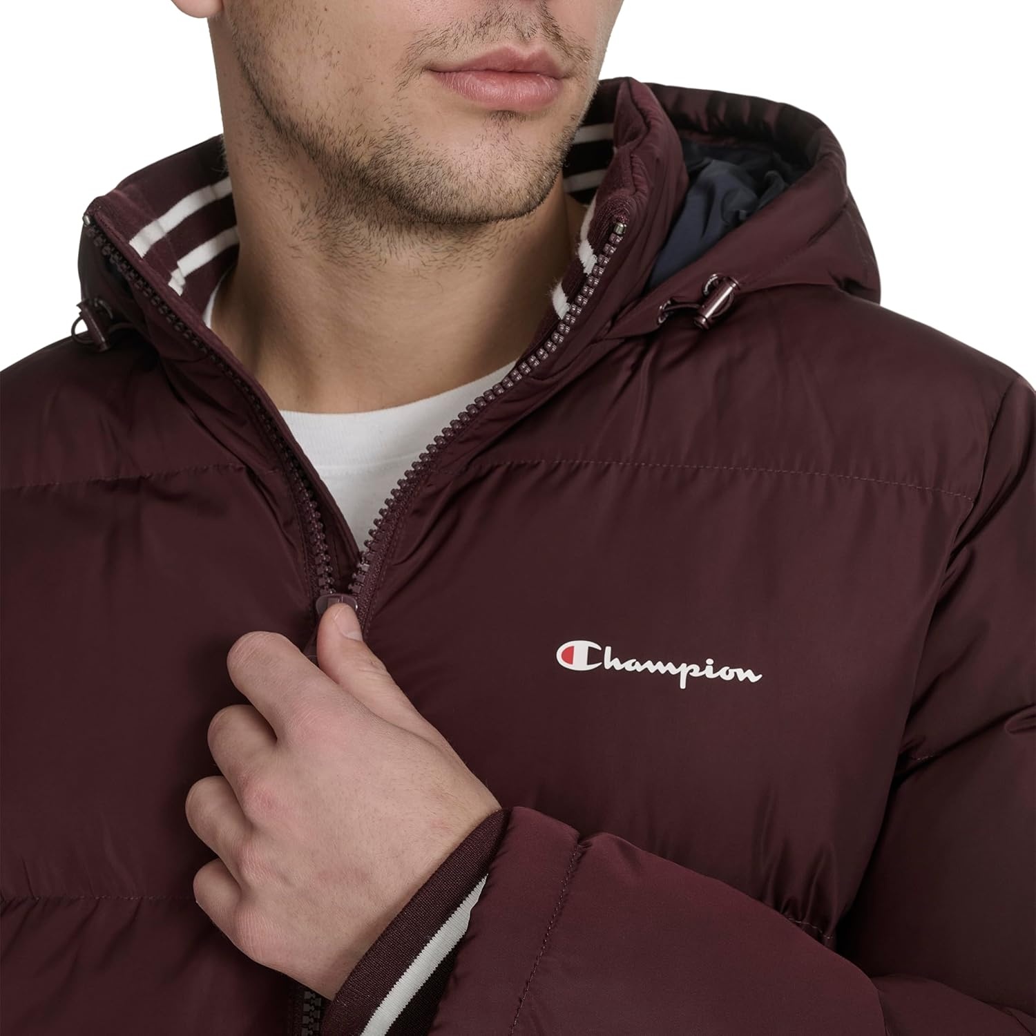 image:imageChampion Mens Quilted Fullzip Hooded Puffer JacketWine Patch Pocket
