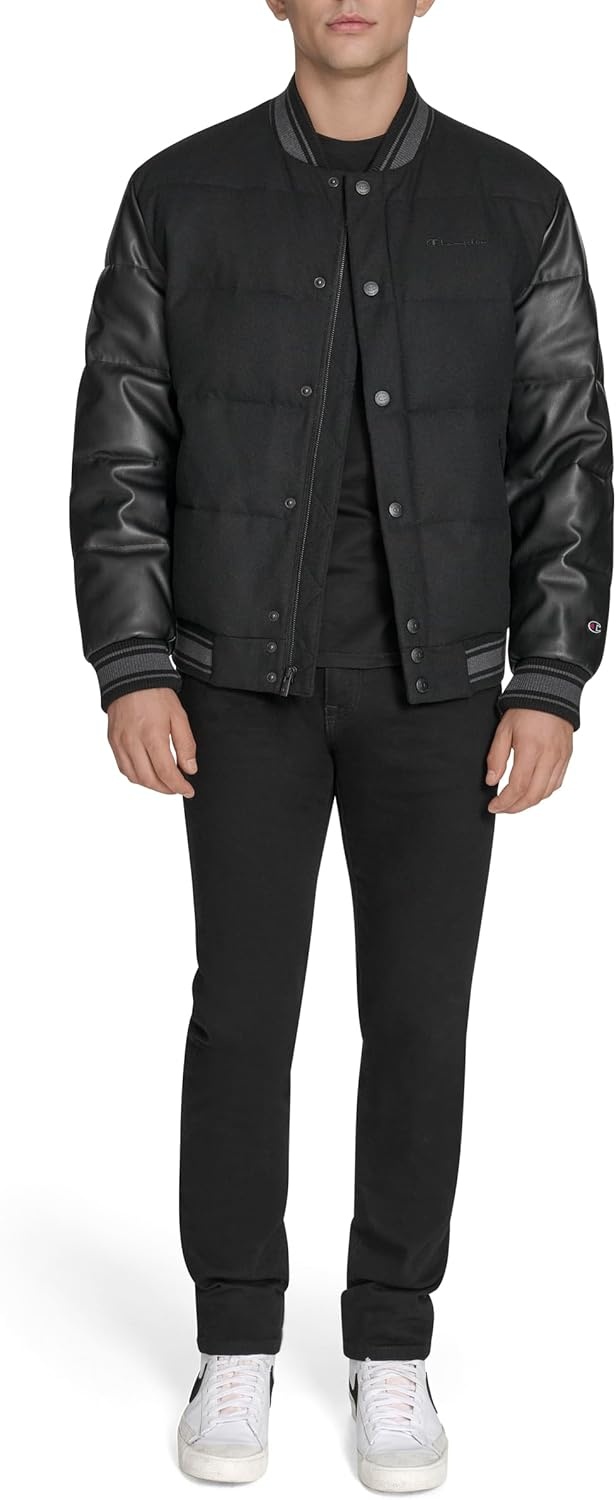 image:imageChampion Mens Varsity Bomber Puffer JacketBlack Faux Leather