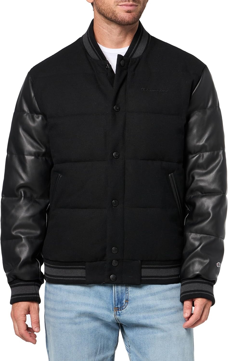 image:imageChampion Mens Varsity Bomber Puffer JacketBlack Faux Leather