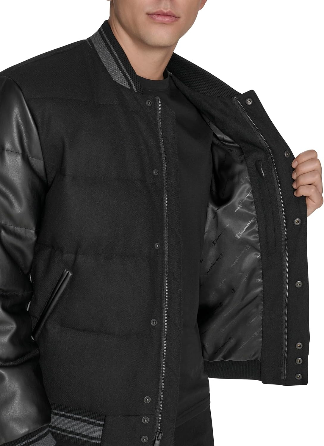 image:imageChampion Mens Varsity Bomber Puffer JacketBlack Faux Leather