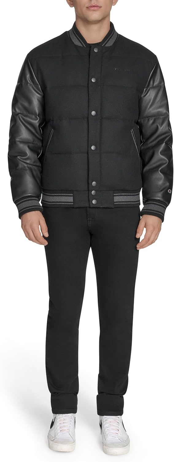 image:imageChampion Mens Varsity Bomber Puffer JacketBlack Faux Leather