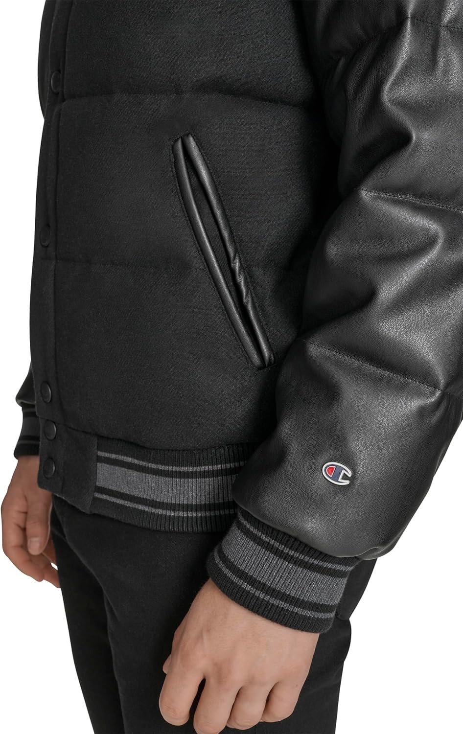 image:imageChampion Mens Varsity Bomber Puffer JacketBlack Faux Leather