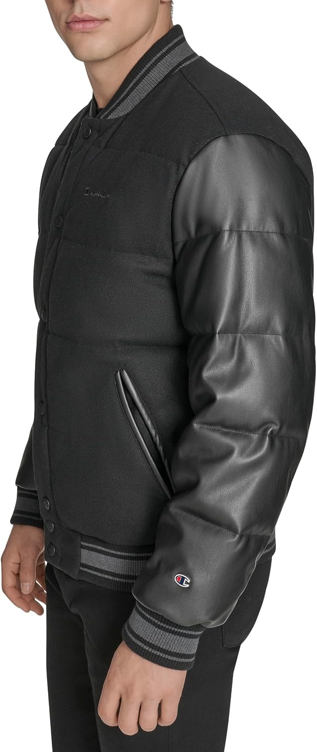 image:imageChampion Mens Varsity Bomber Puffer JacketBlack Faux Leather