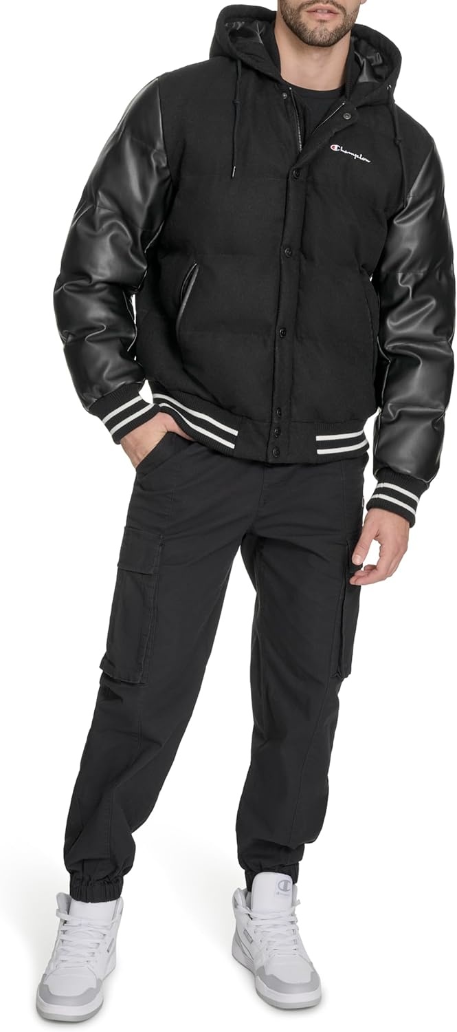 image:imageChampion Mens Varsity Bomber Puffer JacketBlack Wool Hoody