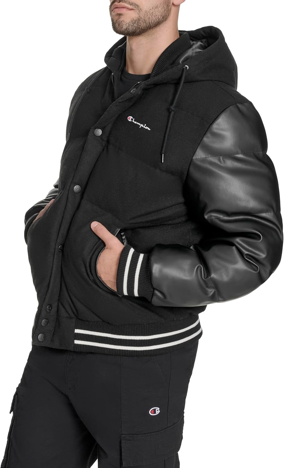 image:imageChampion Mens Varsity Bomber Puffer JacketBlack Wool Hoody