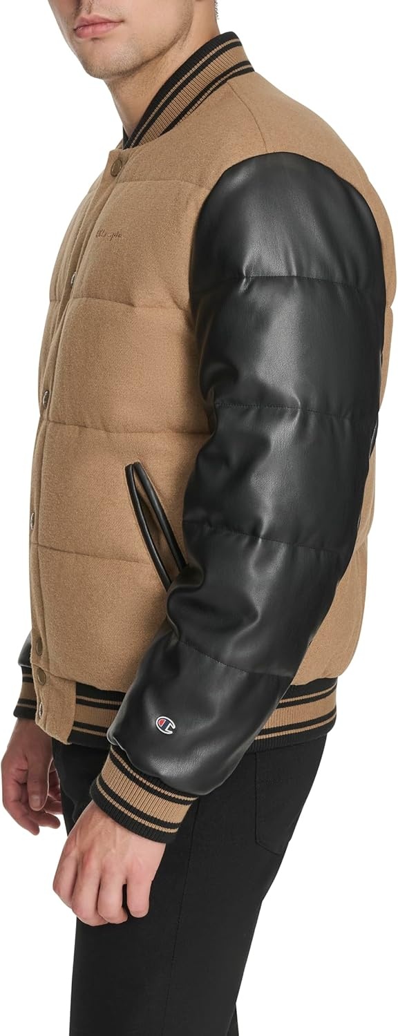 image:imageChampion Mens Varsity Bomber Puffer JacketCamelBlack Faux Leather