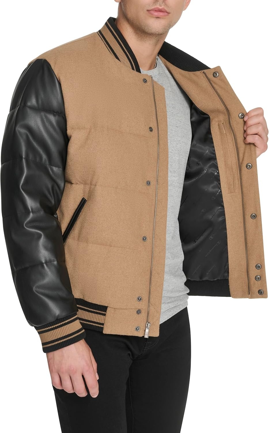image:imageChampion Mens Varsity Bomber Puffer JacketCamelBlack Faux Leather