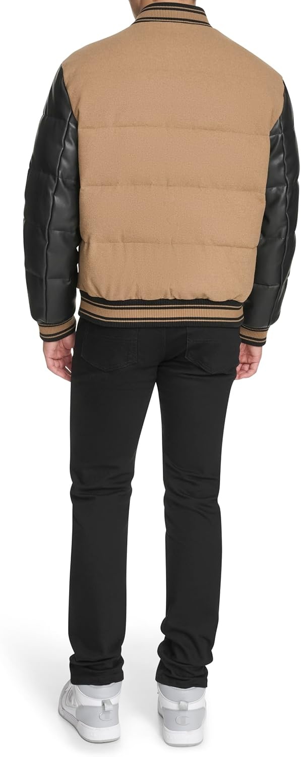 image:imageChampion Mens Varsity Bomber Puffer JacketCamelBlack Faux Leather