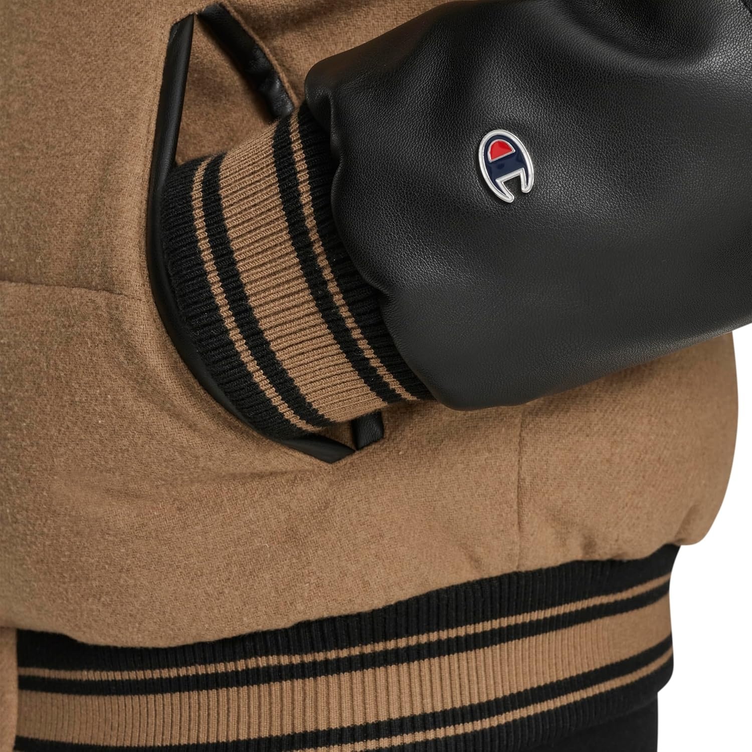 image:imageChampion Mens Varsity Bomber Puffer JacketCamelBlack Faux Leather