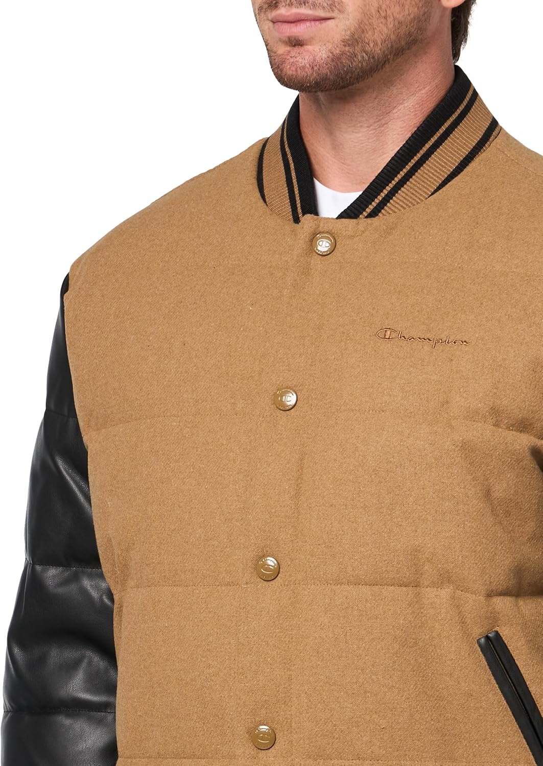 image:imageChampion Mens Varsity Bomber Puffer JacketCamelBlack Faux Leather