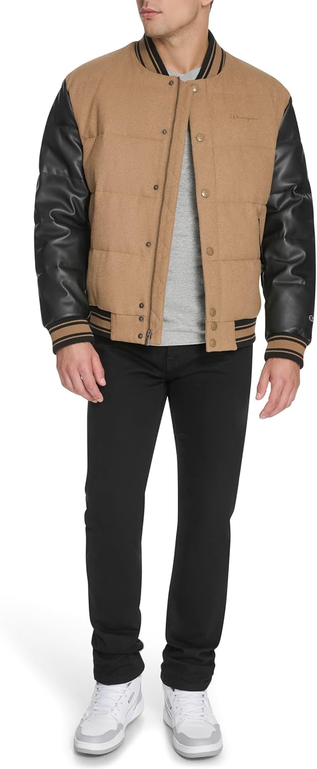 image:imageChampion Mens Varsity Bomber Puffer JacketCamelBlack Faux Leather