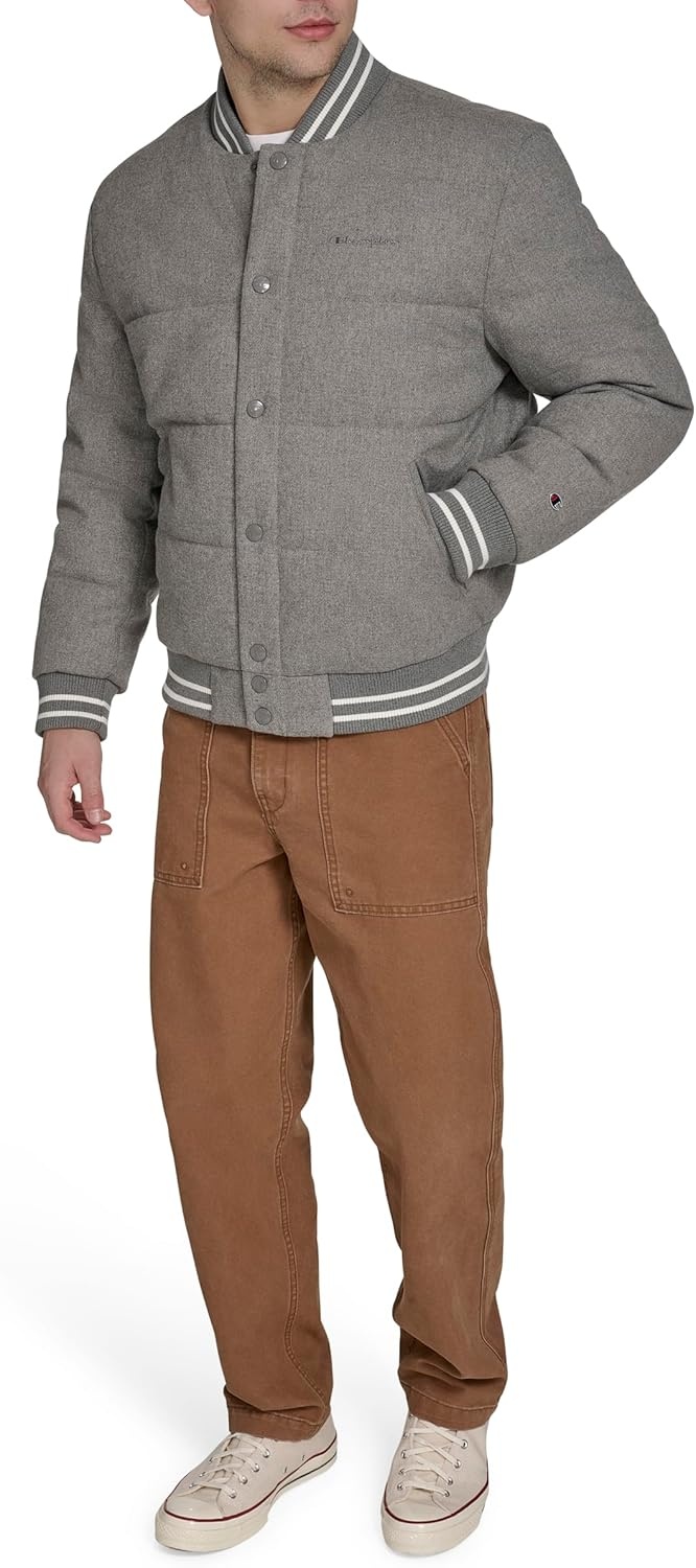 image:imageChampion Mens Varsity Bomber Puffer JacketHeather Grey Wool