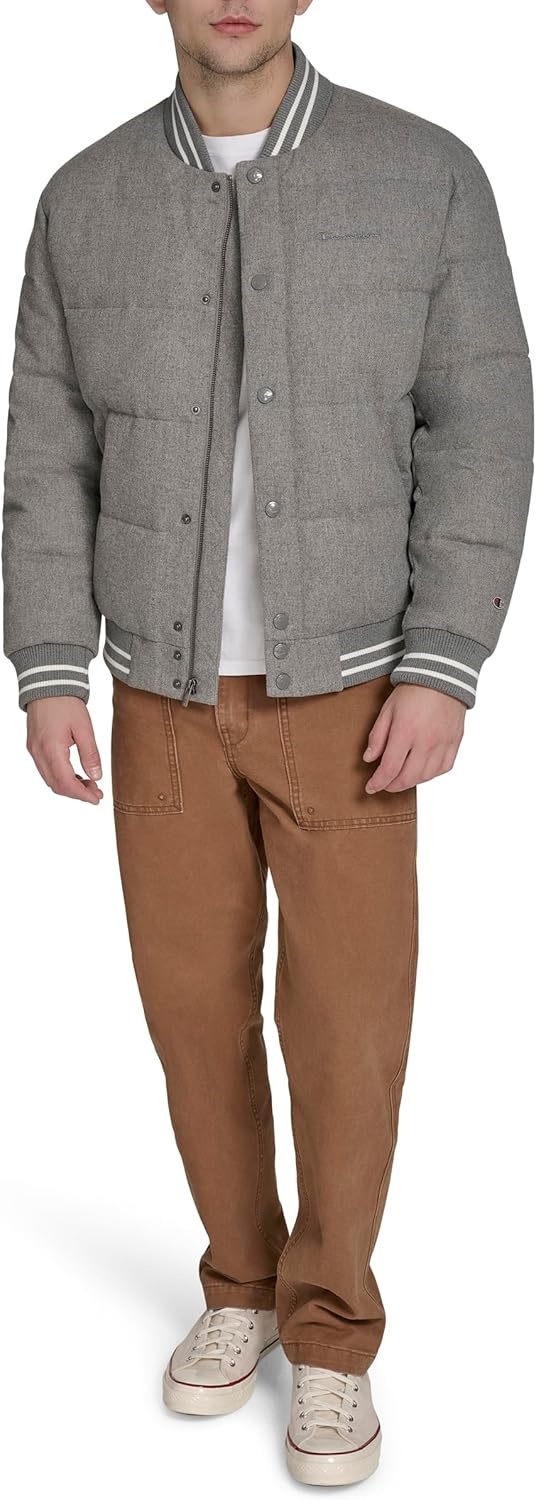image:imageChampion Mens Varsity Bomber Puffer JacketHeather Grey Wool