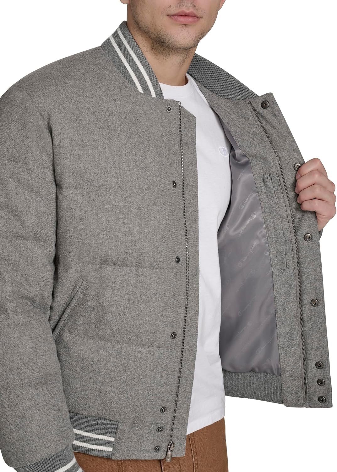 image:imageChampion Mens Varsity Bomber Puffer JacketHeather Grey Wool