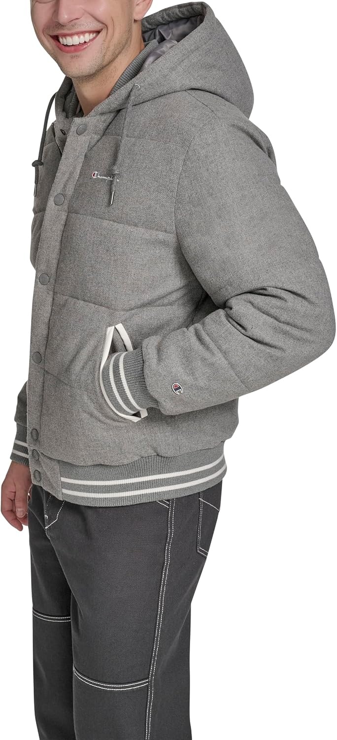 image:imageChampion Mens Varsity Bomber Puffer JacketHeather Grey Wool Hoody
