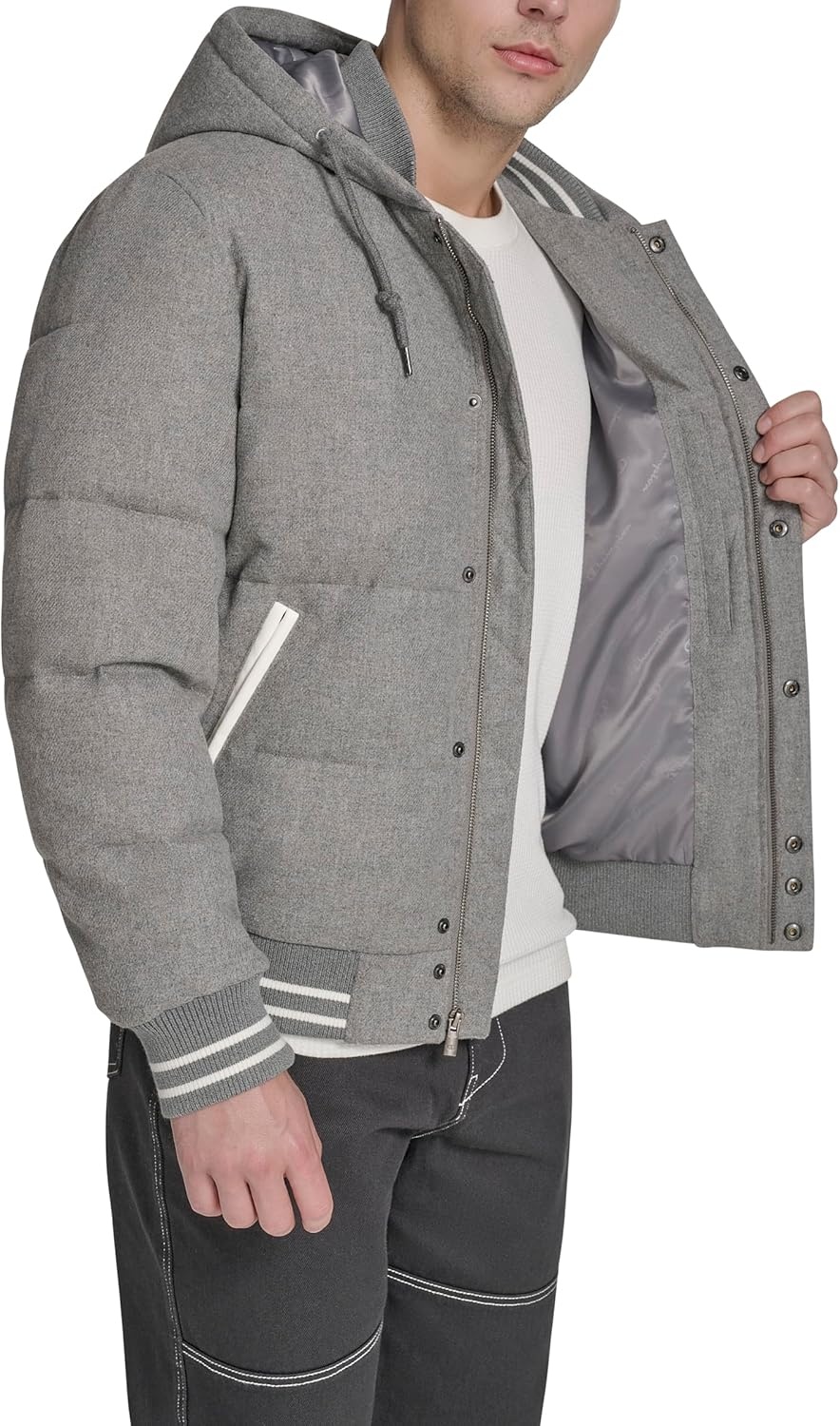 image:imageChampion Mens Varsity Bomber Puffer JacketHeather Grey Wool Hoody